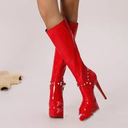 Red women's high leg chunky heel boots with back zipper and metal belt buckle