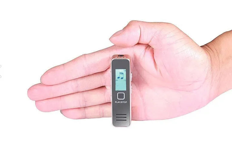 Mini portable voice recorder in black or gold colour with compact plastic construction and two-colour display
