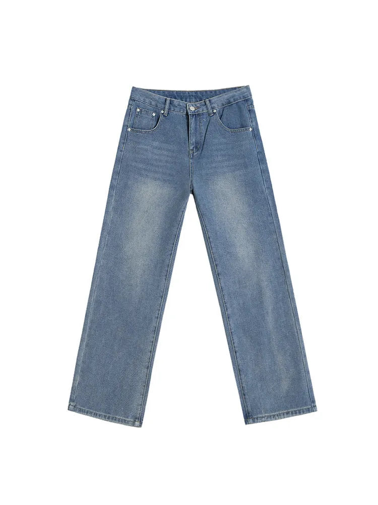 Men's retro washed blue jeans, cotton mid waist trousers, casual leisure pants, sizes M to 2XL