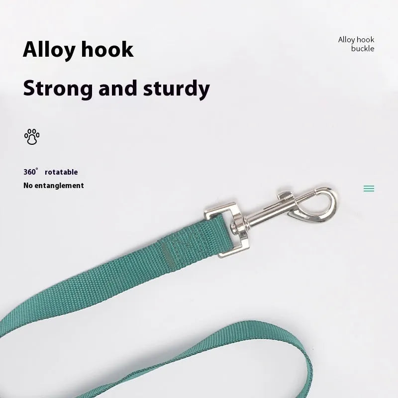 Solid colour polyester dog lead showing four width options and multiple colour choices on a 120cm rope.