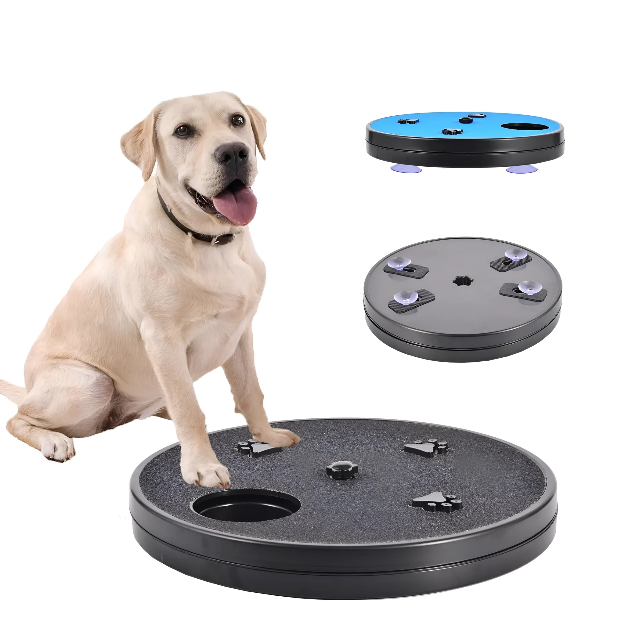 Square dog nail file scratch board with rotating slow feeder compartments and suction cup base