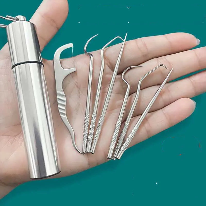 304 stainless steel toothpick set 7 pieces short and long teeth cleaning tool with dental floss stick in white cylinder