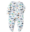 Cotton baby one-piece clothing with dinosaur print in blue and green colours