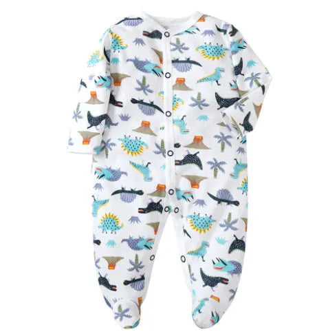 Cotton baby one-piece clothing with dinosaur print in blue and green colours