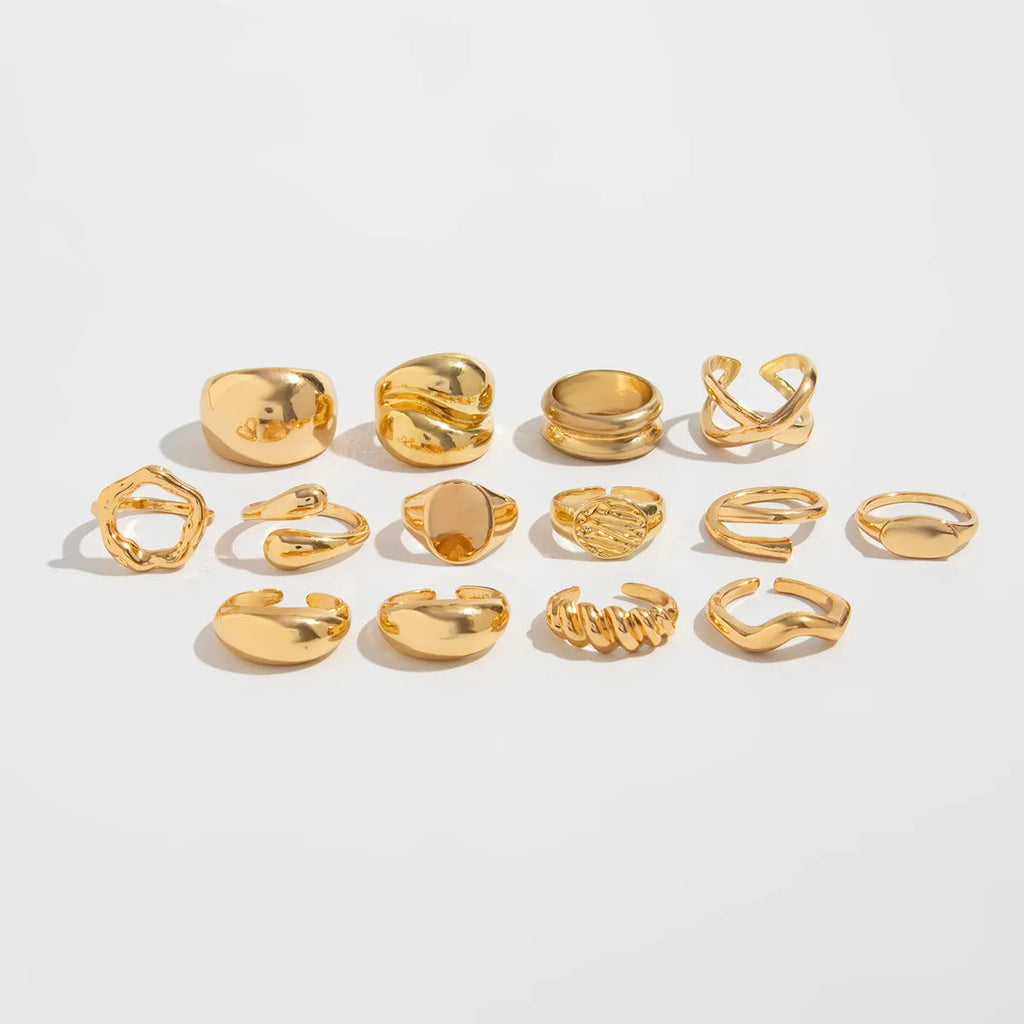 14 piece adjustable geometric ring set in Gold or White K with open-mouth alloy bands