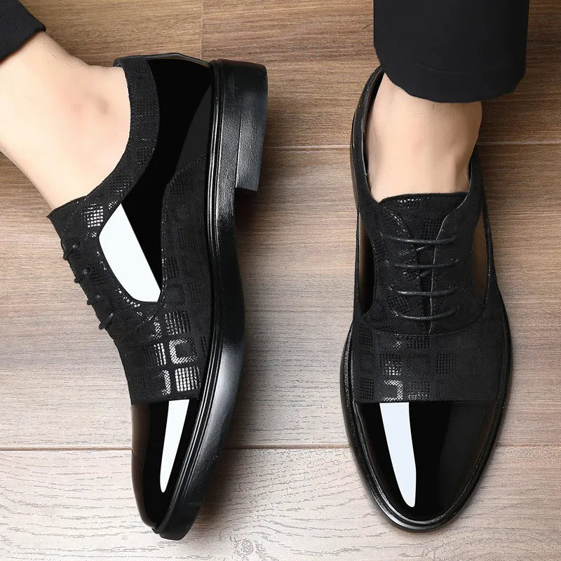Men's black business PU leather shoes with lace-up style and rubber sole on a plain background