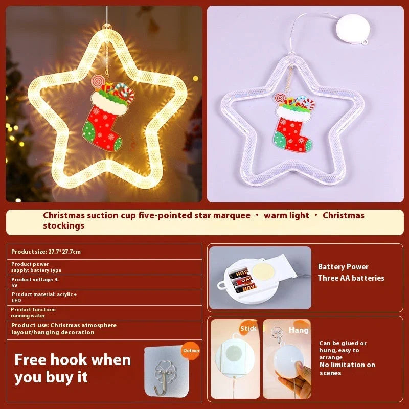 Illuminating 5-point LED star decoration with various festive designs, perfect for holiday decor on windows, doors, and more