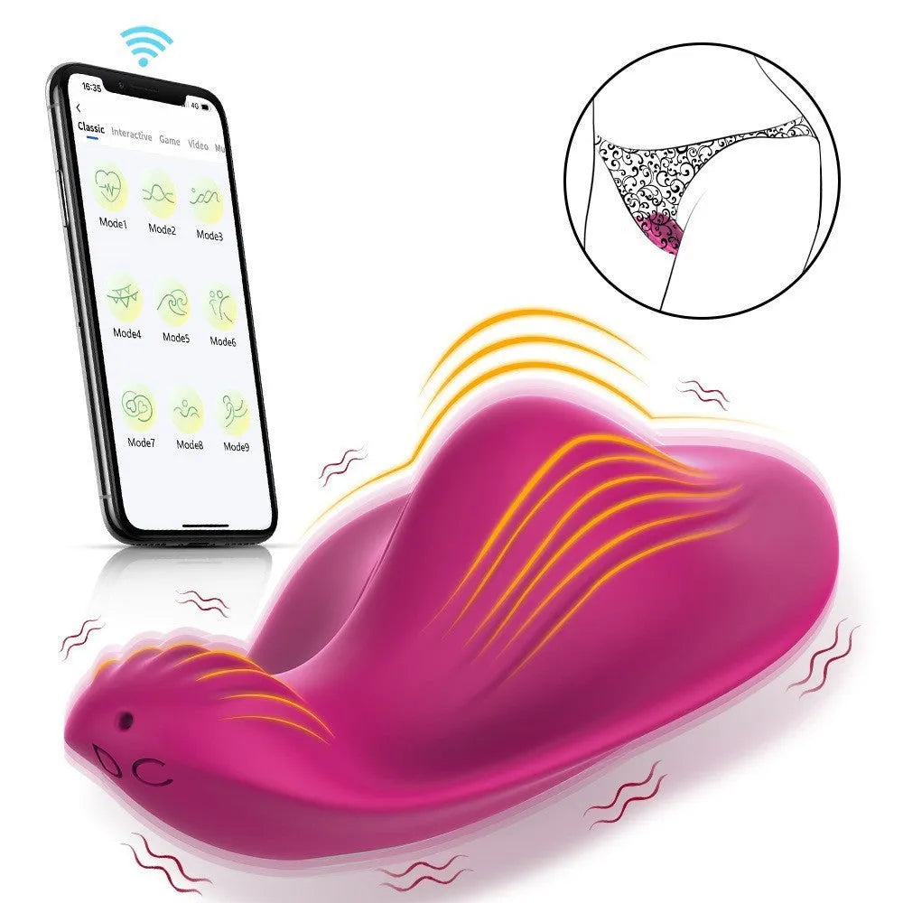 Rose red wearable vibrator with butterfly shape for external stimulation, smartphone APP remote control