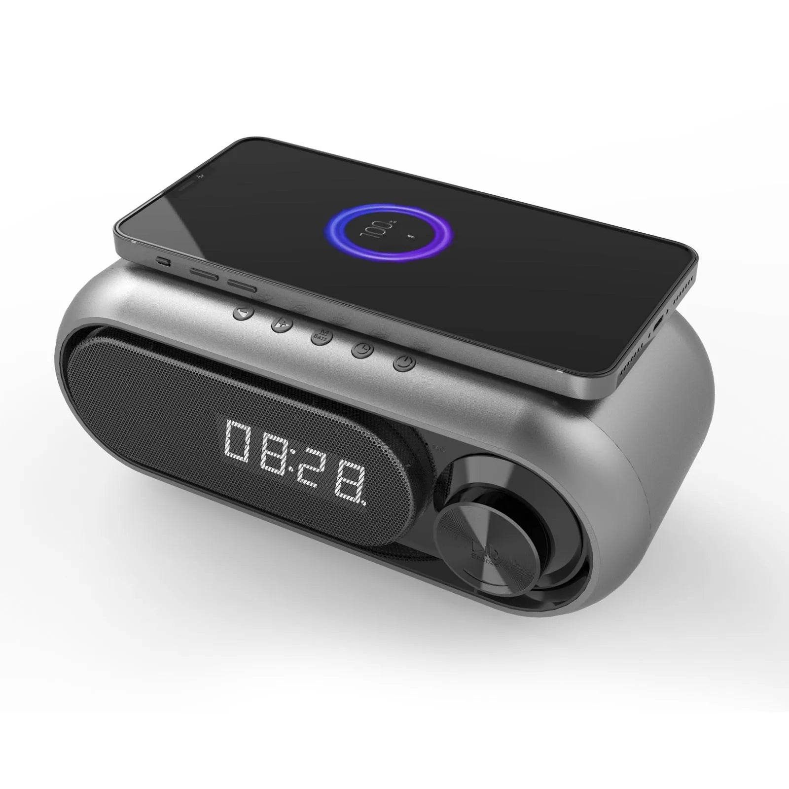 Space grey wireless charging bedside alarm clock with Bluetooth speaker and FM radio functions