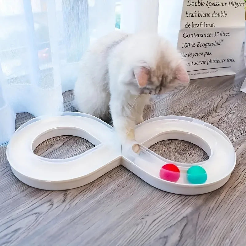 Blue and white cat turntable toy with track ball and teasing stick for indoor feline entertainment