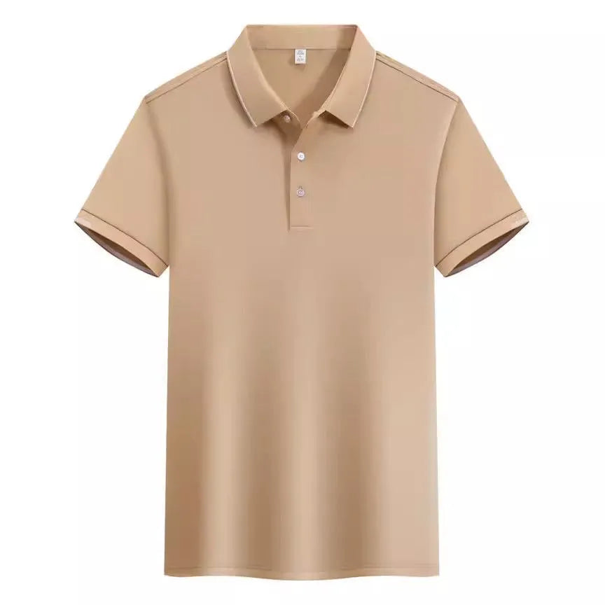 Men's loose fit cotton blend short sleeve polo shirt with a secondary collar lapel.