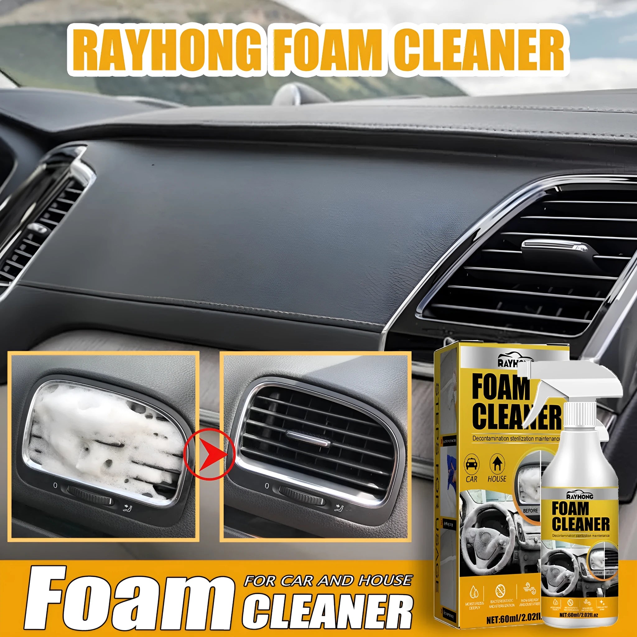 Car interior wash-free foamed cleaner 60ml with 10cm sponge for upholstery cleaning