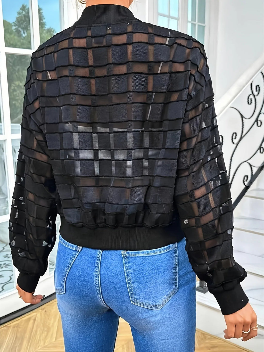 Black women's casual jacket with geometric pattern and semi-transparent fabric