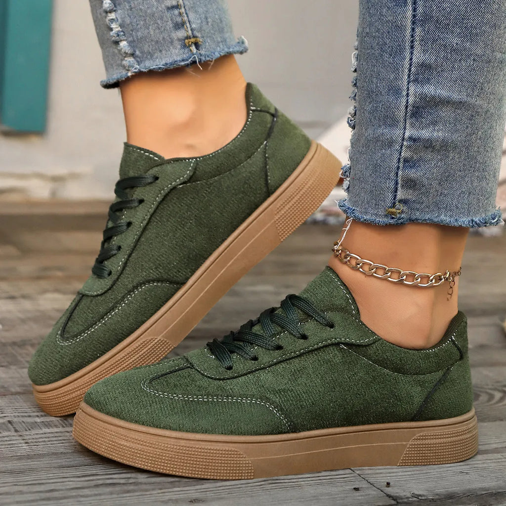 Khaki casual round toe lace up shoes for women with cross shoulder straps and low rubber sole