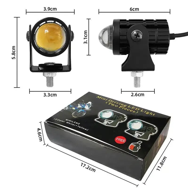 Motorcycle spotlight with dual-colour lens, aluminium housing, showing white and yellow light modes.