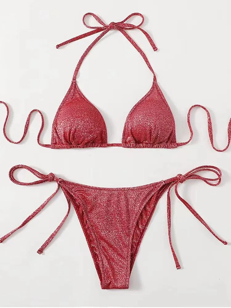 Women's khaki gold bandage bikini swimsuit with split hip detail on the briefs.