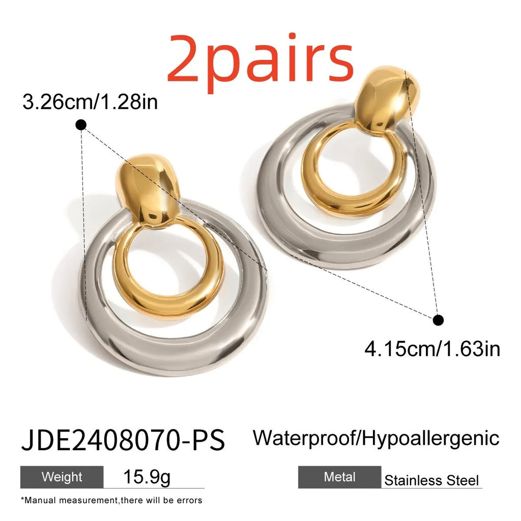 Round double layer hollow geometric stud earrings in gold tone with butterfly backs