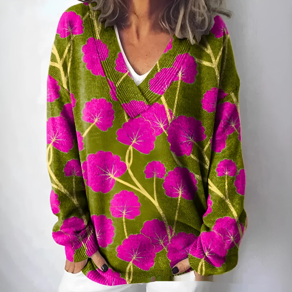 Women's V-neck sweatshirt with a printed 3D floral pattern in an art retro style.