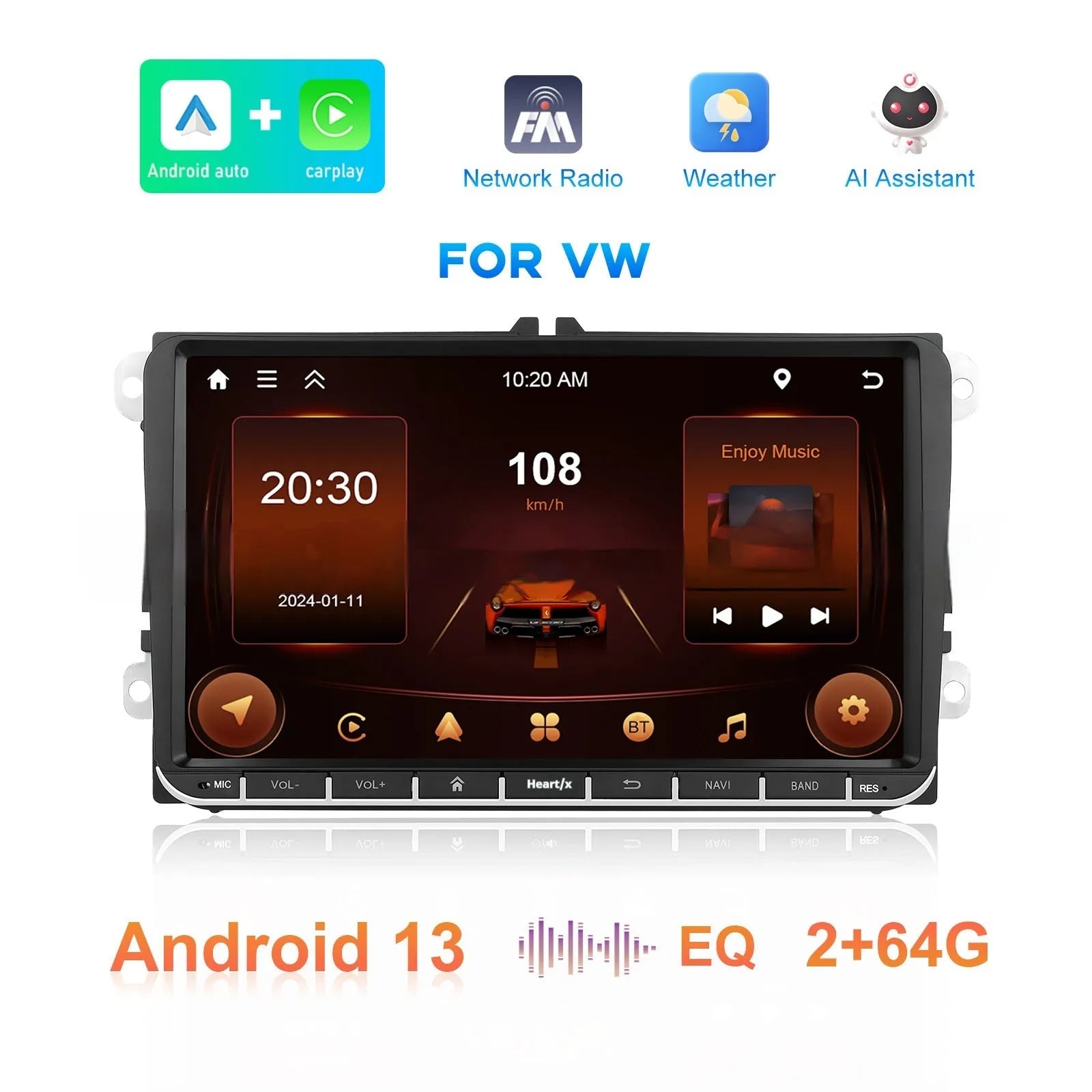 Android 13 7-inch car central control touchscreen for Volkswagen with wireless CarPlay