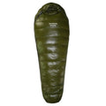 Ultralight mummy-style sleeping bag in army green colour with white duck down filling and 400T nylon fabric.