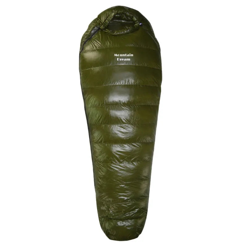 Ultralight mummy-style sleeping bag in army green colour with white duck down filling and 400T nylon fabric.