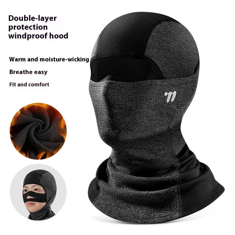 Winter polar fleece face mask in free size, unisex, shown in black, black and gray, and green colour options.
