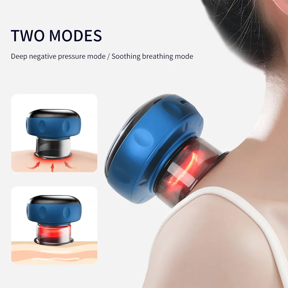 Black electric vacuum cupping massager with LED display and USB charging port on a white background.