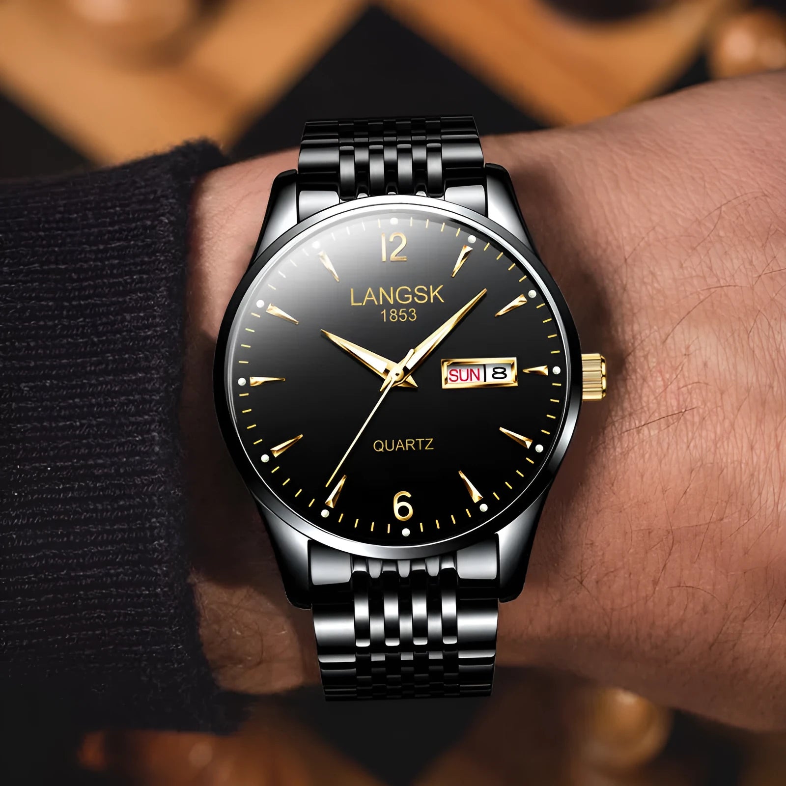 Fashion waterproof luminous men's watch with 10mm thickness and six colour options including all black and blue gold