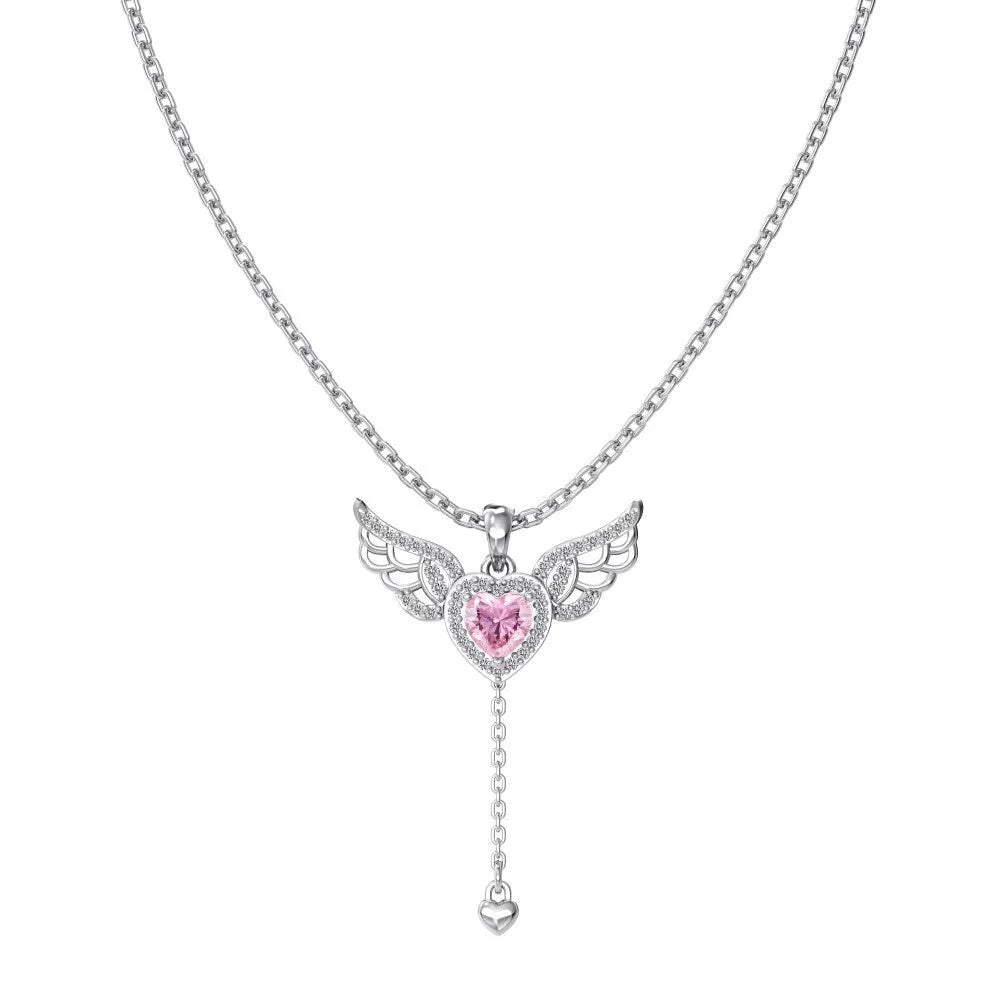 925 silver heart necklace with wings and tassel pendant, platinum colour, 26 x 36mm, for women