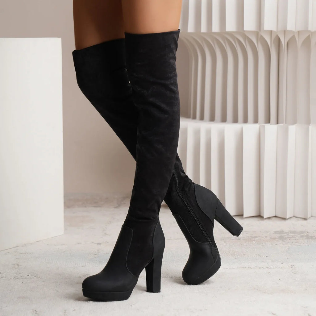 Women's over-the-knee suede boots with high square heel, round toe, black or pink, sheep shearling insole