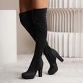 Women's over-the-knee suede boots with high square heel, round toe, black or pink, sheep shearling insole