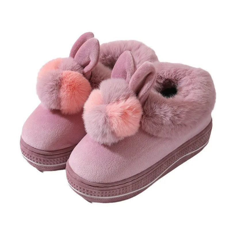 Women's grey plush high-heel winter slippers with a thick, anti-slip TPR sole.