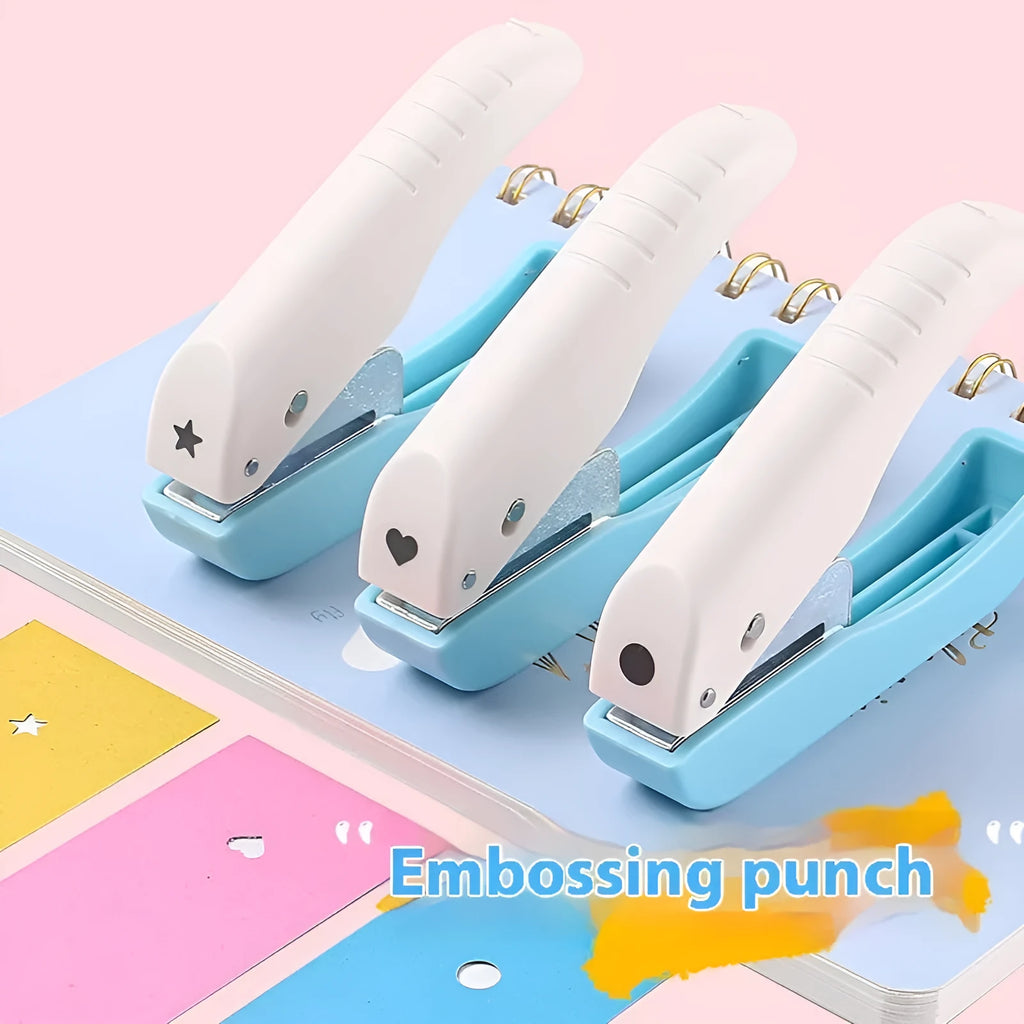 Small manual embossing punch machine for paper crafts showing Love, Star, and round pattern heads.