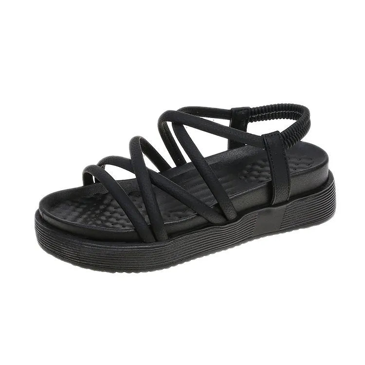 Women's black Roman platform sandals with round toe holder and TPR sole