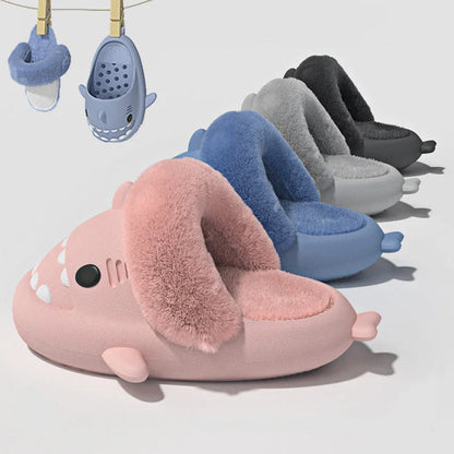 Cozy and stylish shark-themed slippers with plush, fuzzy interior and durable, non-slip outsole for comfortable indoor and outdoor use