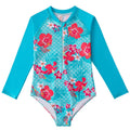 Girl's long-sleeve one-piece swimming suit in a bright colour, showing the full briefs-style design.