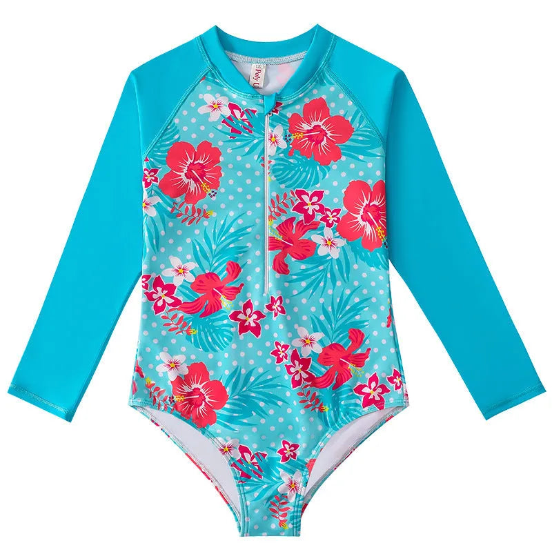 Girl's long-sleeve one-piece swimming suit in a bright colour, showing the full briefs-style design.