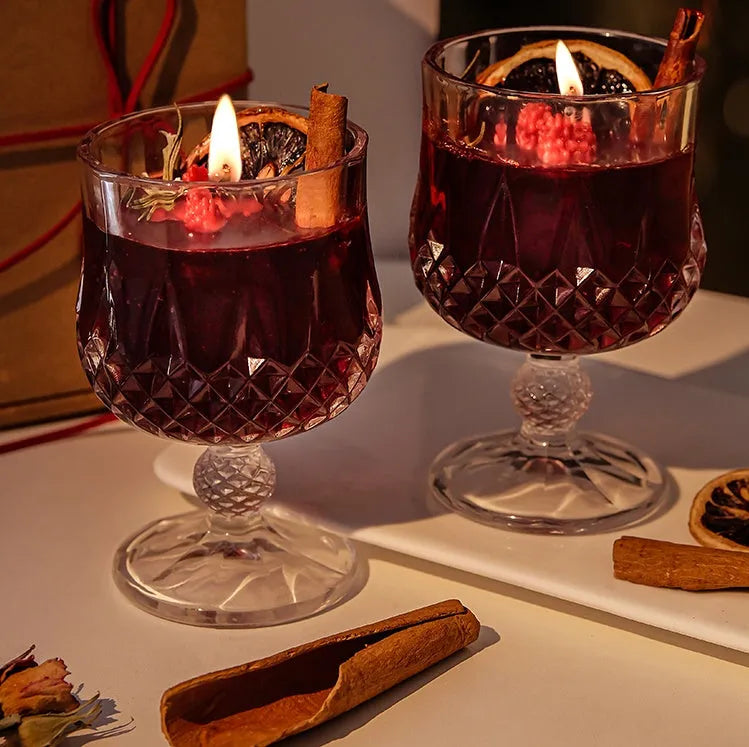 Glass wine goblet shaped aromatherapy candle with French mulled wine fragrance
