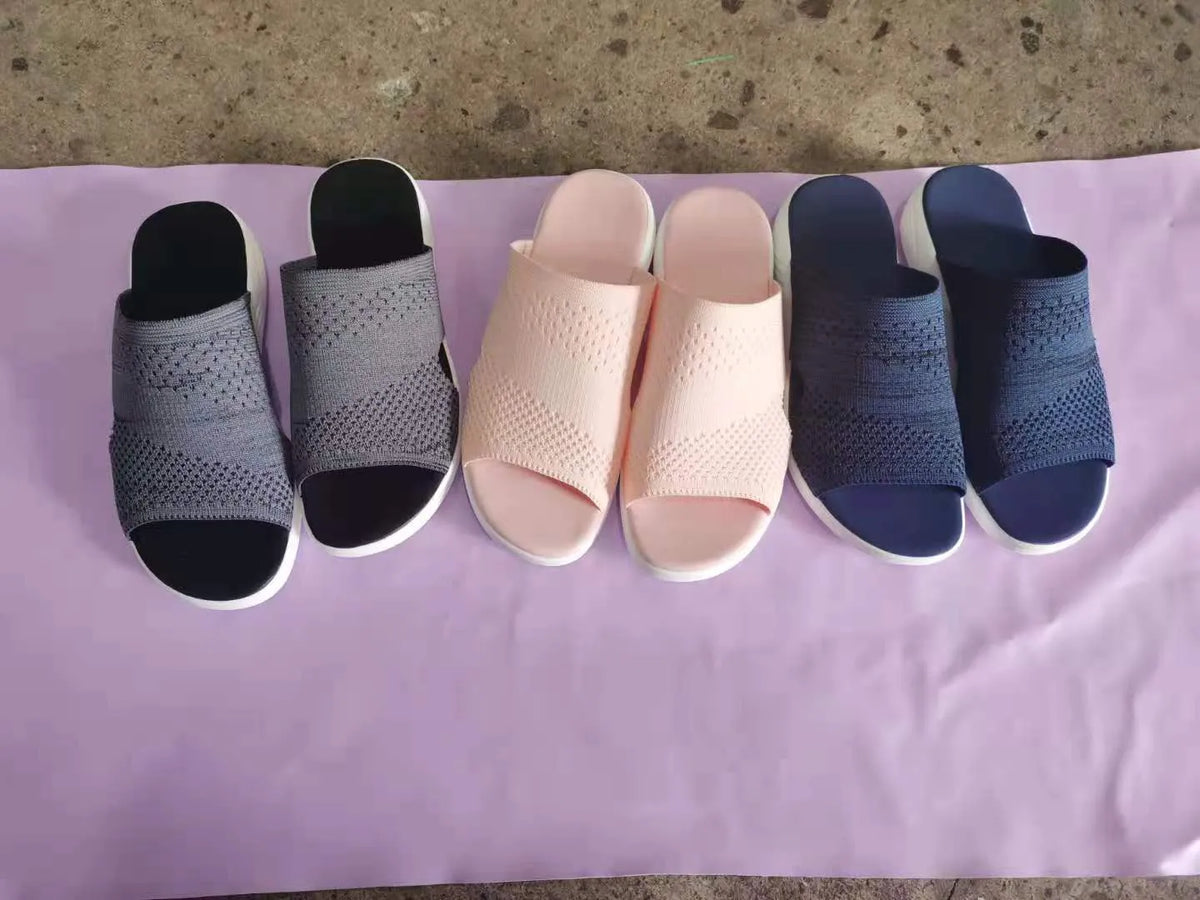 Women's lightweight mesh flat slide sandals in blue, grey and pink, sizes 35 to 43