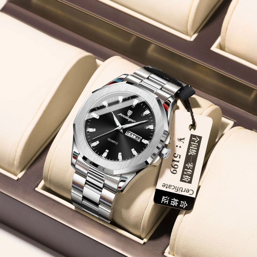 Men's steel strap quartz watch with business style and 9mm thickness, shown in a gold and blue colour variant.