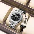 Men's steel strap quartz watch with business style and 9mm thickness, shown in a gold and blue colour variant.