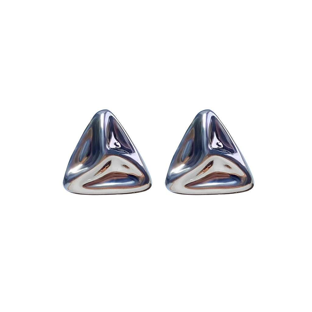 Pair of golden triangle dangle earrings with hook back and textured surface on white background
