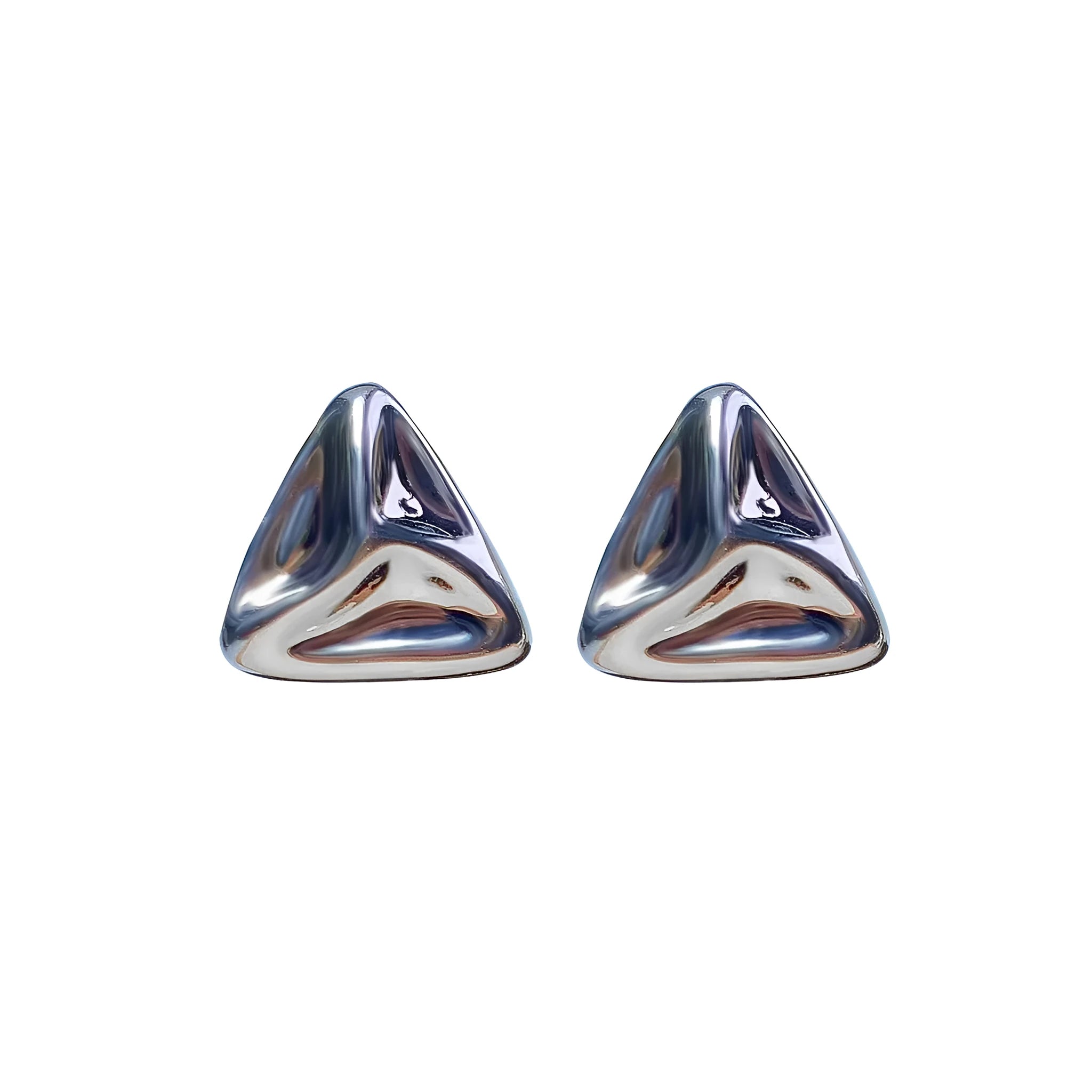 Pair of golden triangle dangle earrings with hook back and textured surface on white background