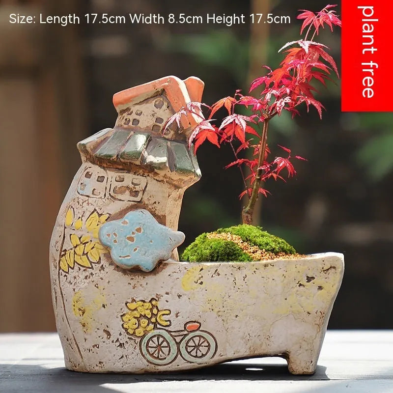 Hand-painted ceramic combination pot for meat plants and flowers with pastoral design