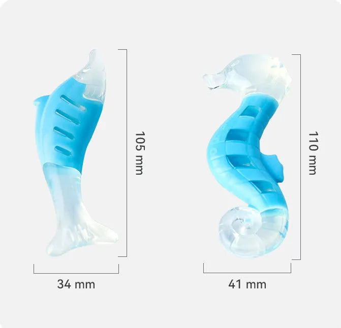 Two PU nylon dog chewing toys: a blue seahorse and an orange tuna on a white background