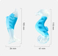 Two PU nylon dog chewing toys: a blue seahorse and an orange tuna on a white background