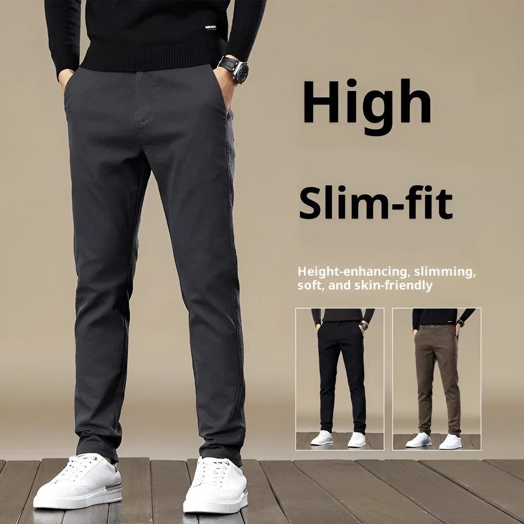 Men's fleece-lined slim fit tapered casual pants in black cotton fabric