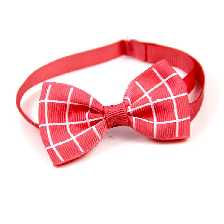 Plaid polyester pet scarf with adjustable collar and bow tie on a cat, eight colour options available