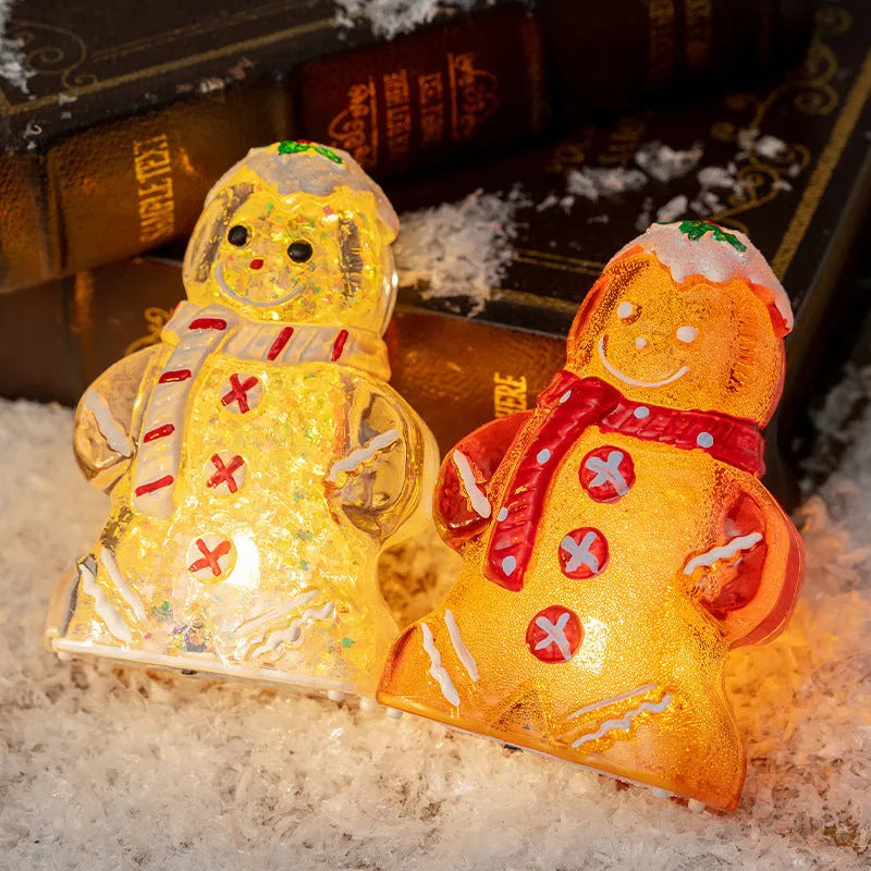 Glowing Christmas gingerbread man snowman ornament with scarf in plastic, 10.5cm tall