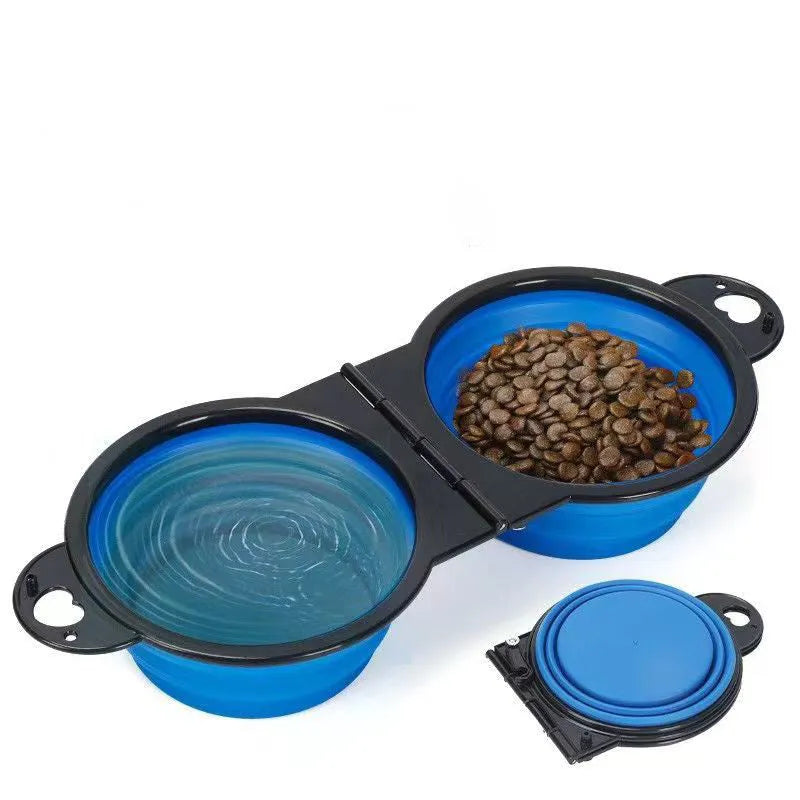 Blue folding silicone pet bowls collapsed and expanded with non-slip mat for dogs and cats